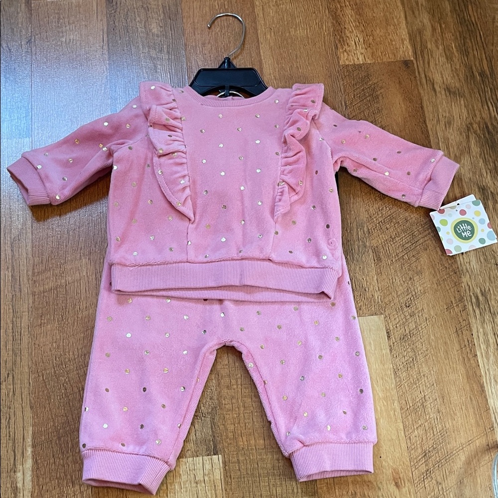 Little Me Brand 💖🩷 Pink Terry Cloth Gold Polka Dot Ruffled Top/Bottom Baby 6M